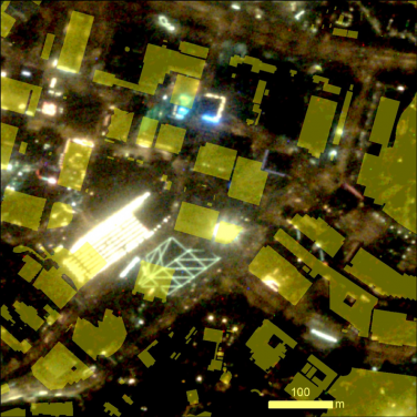 High resolution (spatial resolution around 1m) image of Central captured by Jilin-1 satellite overlaid with the footprint (yellow polygons) of individual buildings and structures recorded in the CDSI Portal. Image credit: Hong Kong Light Pollution Research Project Team, HKU.